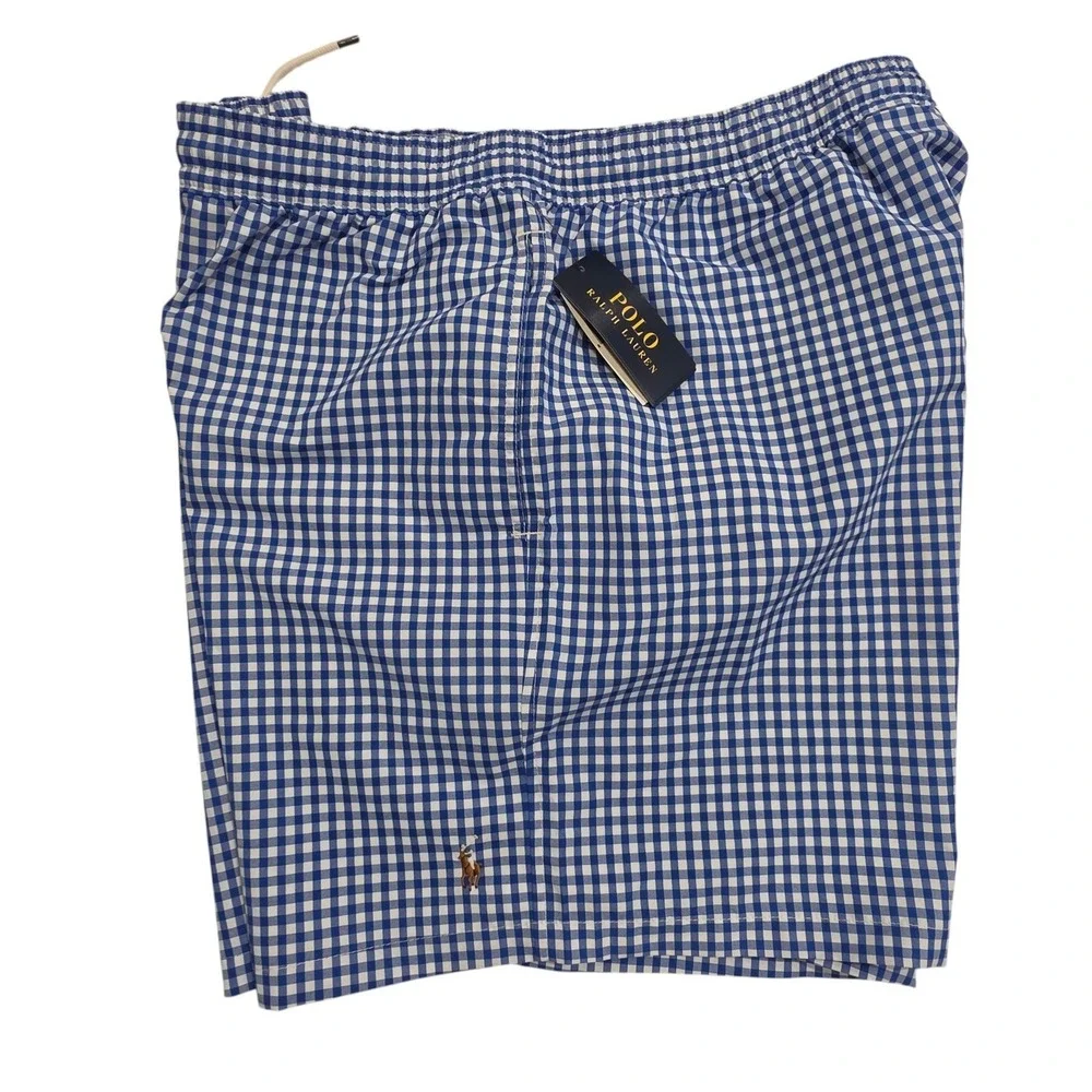 Polo by Ralph Lauren Blue & White Gingham Drawstring Swim Trunks